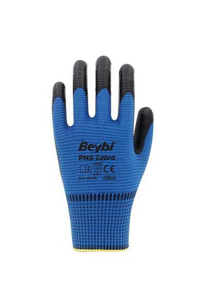 Beybi Pn5 Zebra Polyester Knitted Nitrile Gloves 10/XL Blue Black