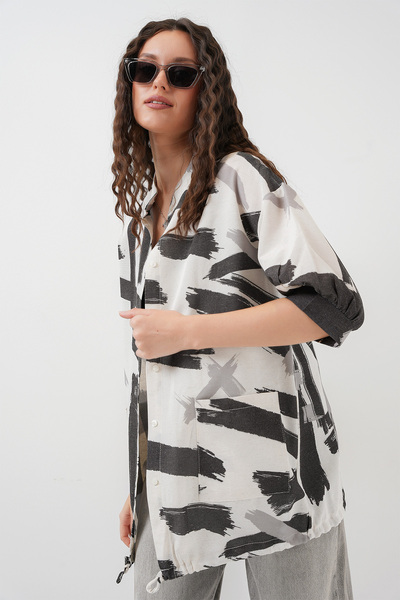 Bigdart 20226 Desenli Oversize Gömlek - Siyah