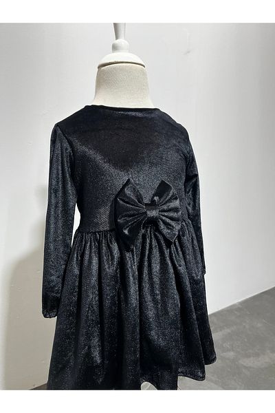 MUSGEM Rochie cu design special Musgem Velvet, neagră, cu mânecă lungă, cu fermoar la spate, cu detaliu de panglică