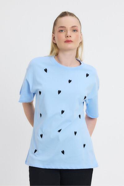 Rays 2150-11 Kalp Nakışlı Bisiklet Yaka Tişört Mavi