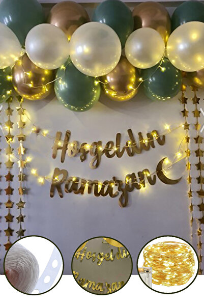 Parti dolabı Hoşgeldin Ramazan Gold Yazı Ledli Zincir Balon Seti 11 Ayın Sultanı Ramazan Bayramı Oda Süsleme Seti