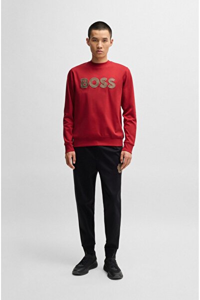 BOSS Erkek Normal Kesim Yuvarlak Yaka %100 Pamuklu Büyük BOSS Kabartmalı Uzun Kollu Kırmızı Sweatshirt 50