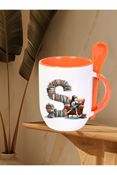 LADİJİTAL BASKI ÇÖZÜMLERİ Kitap Görselli Harf Turuncu KaşıklıKupa Bardak