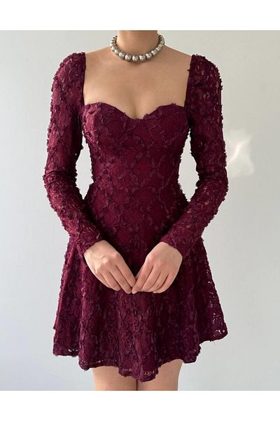 Julidress Rochie mini premium căptușită cu piept burgundy cu detaliu de flori