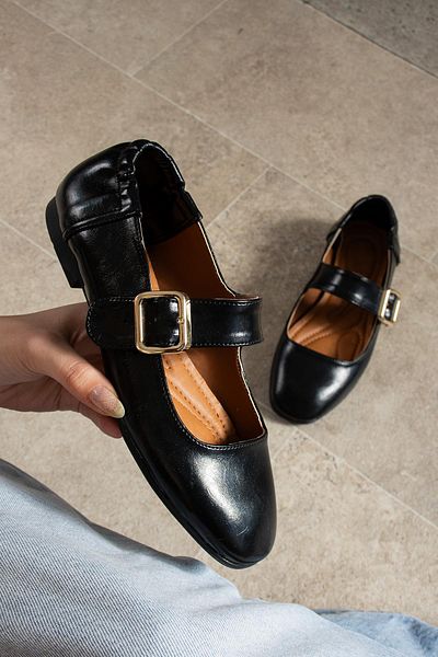 BeBeQ Store Sammy Black Shiny Buckle Flat Women's Shoes Ballerinas