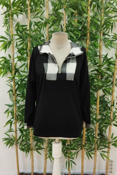 Mossta Μπλούζα με δύο κλωστές με καρό λεπτομέρεια με φερμουάρ, μαύρη