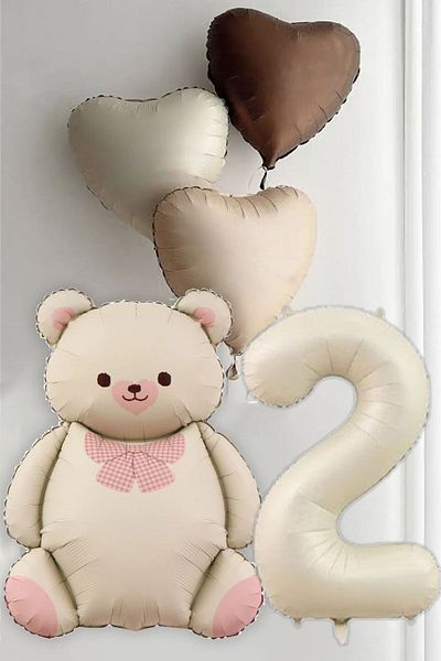 Atölye Mi 2 Year Old Birthday Cream Bear with Bow Tie and 3 Retro Heart Balloons Balloon Set