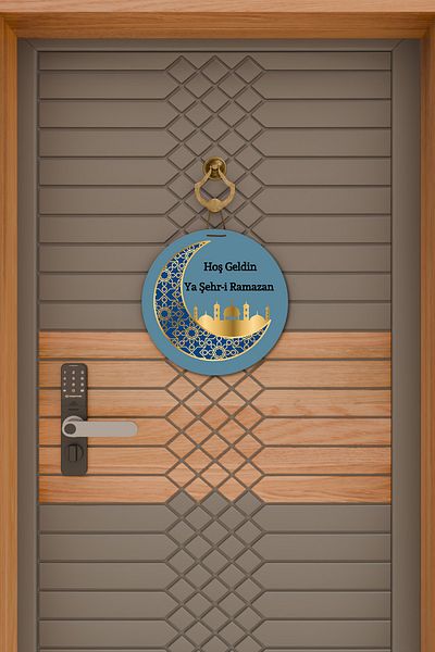 Dormot Home Modern Wooden Digital Printing Blue Welcome Ya City-I Ramadan Door Ornament