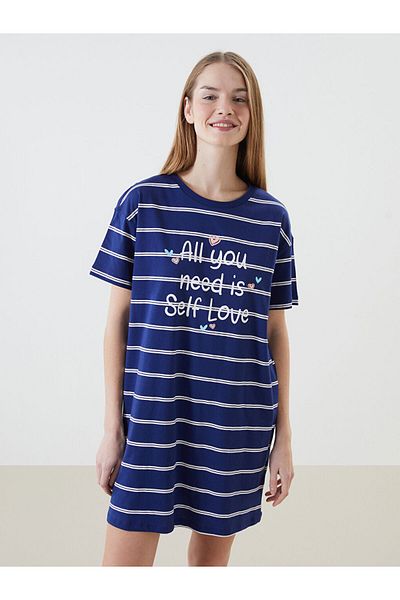LC Waikiki Cămașă de noapte pentru femei LCW DREAM bleumarin cu decolteu în dungi
