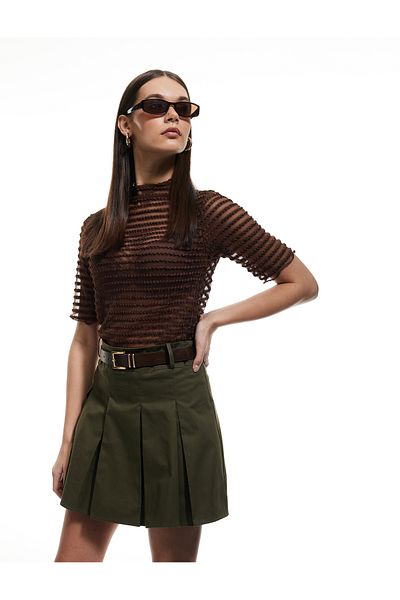 Koton Cotton Gabardine Fabric Belt Detailed Mini Pleated Skirt