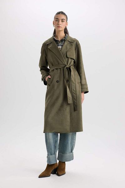 DeFacto New Season Regular Fit Tuxedo Collar Belted Long Suede Trench Coat with Pockets