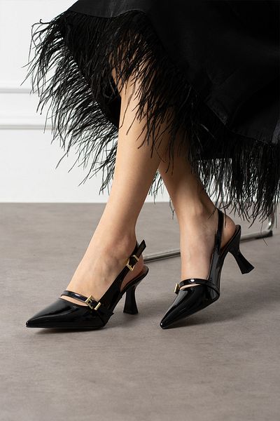 NOVİNS Women's Patent Leather Double Banded Buckle Detailed Open Classic Goblet Heeled Shoes