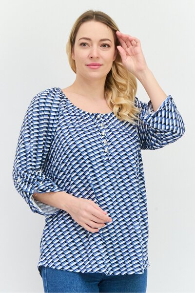 Notations Women Round Neck Long Sleeves Checkered Blouse, Blue/White