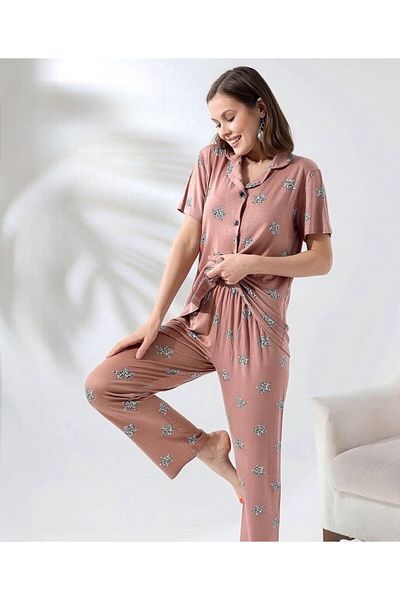 Prestij İç Giyim Women's Star Pattern Cotton Front Button Shirt Collar Short Sleeve Pajamas Set