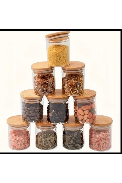 Kitchen Pembelia 10 Pieces Bamboo Lid Borosilicate Glass 250 ml Spice Jar Set