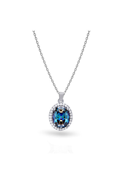 Silveranka 925 Ayar Gümüş Oval Blue Topaz Taşlı Kolye