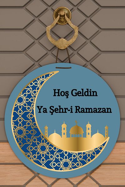 Dormot Home Modern Wooden Digital Printing Blue Welcome Ya City-I Ramadan Door Ornament