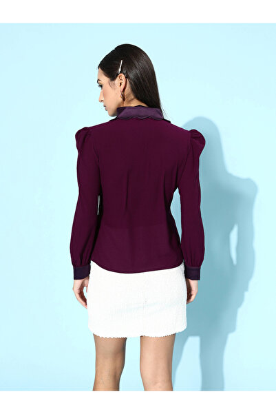 Mish By Styli Satin Collar Scallop Edge Top with Puff Sleeves