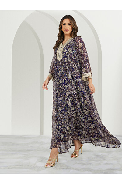 Styli جلابية مطبوعة بالكامل بفتحة على شكل حرف V مع تفاصيل من الدانتيل