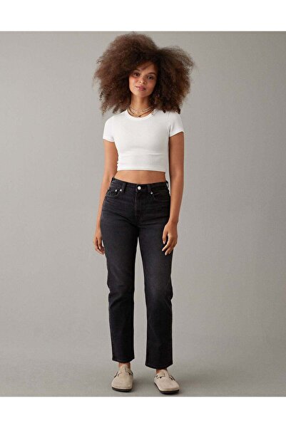 AMERICAN EAGLE بنطلون جينز AE Stretch Super High-Wisted بقصة مستقيمة حتى الكاحل