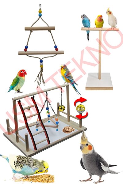 usmtekno Kuş Oyuncağı Kuş Oyun Parkı Salıncak T Tünek 3 Lü Set Muhabbet Papağ...