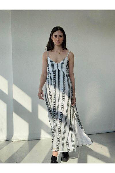 Retrobird Rochie de design June cu bretele cu fanta pentru femei negru - alb