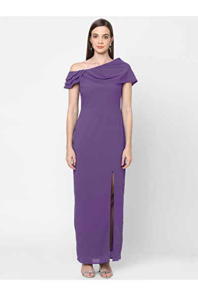 Mish By Styli Draped Asymmetric Neck Sheath Maxi Dress with High Slit