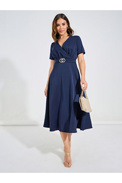 Luxewave By Styli Solid V-Neck Midi Dress With Buckle Detail