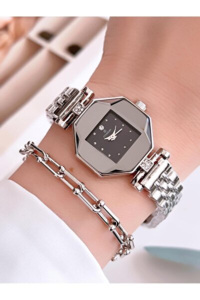 Coliseum Özel Tasarım Vintage Seri Aynalı Kasa Kadın Kol Saati+Bileklik Hediyeli CL8645.A02