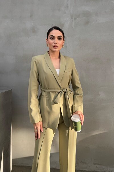 msm fashion Kadın Ikili Kuşaklı Blazer Ceket Pantolon Takım