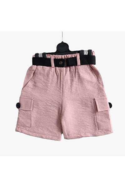 minilkabebe kız çocuk cepli  kemerli şort pudra 5-7 yaş