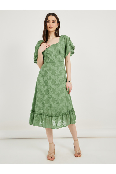 Styli Burnout Floral Square Neck A-Line Midi Dress