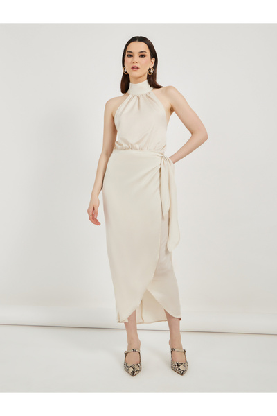 Styli Halter Neck Wrap Midi Dress with Tie Up Detail