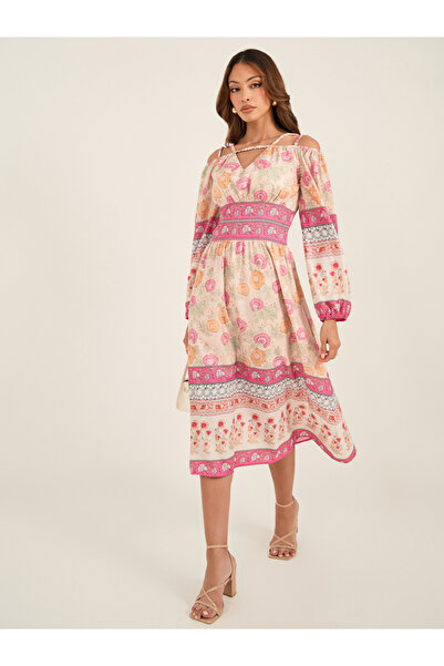 Luxewave By Styli All-Over Print V Neck Balloon Sleeve Midi Dress