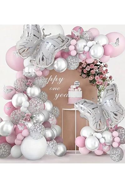 Çemrek Süs Parti Pink White Silver Transparent Sequin Balloon Chain Set 101 Pcs Including 1 Butterfly Foil Balloon