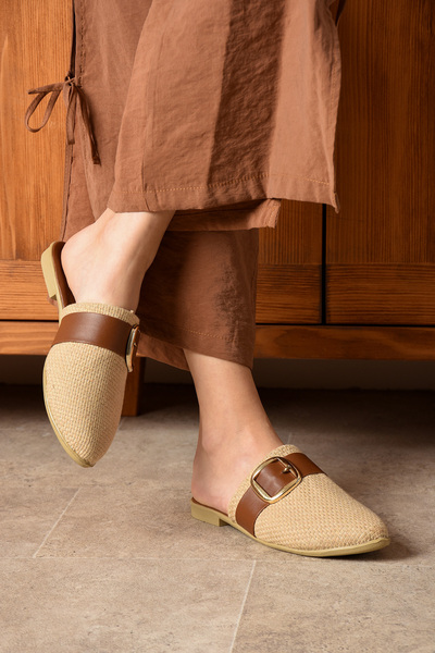 eformoda by emre yılmaz Beige Mink Women's Slippers - Buckle, Closed Straw Comfortable Soft Bundle Beach Sl02