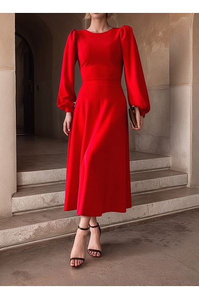 Trendusfashion New Season Crepe Fabric Balloon Sleeve Midi Length Dress