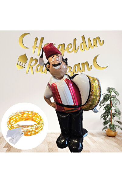 DeBu Tasarım Ramazan Davulcusu Ayakta Durabilen Folyo Balon ve LED Işıklı Hoş Geldin Ramazan Kaligrafik Uzar Yazı