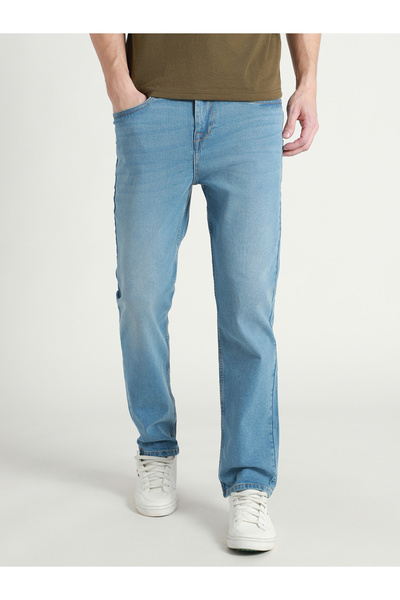 Blue Mid Rise Straight Fit Stretchable Jeans
