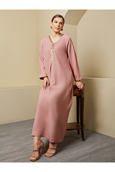 Styli Sequin Embellished V-Neck Flared Jalabiya