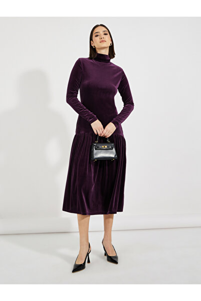 Styli Velvet Drop Waist A-Line Midi Dress