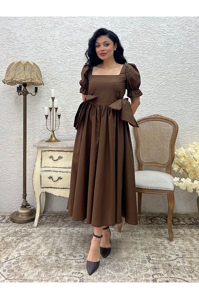 KÜÇÜĞÜM BUTİK Brown Side Bow Square Neck Flared Poplin Dress