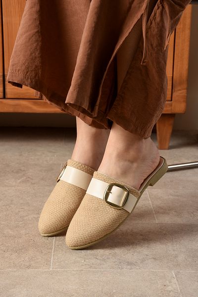 eformoda by emre yılmaz Μπεζ γυναικείες παντόφλες - Πόρπη, κλειστό, άνετο μαλακό πακέτο από άχυρο SL02
