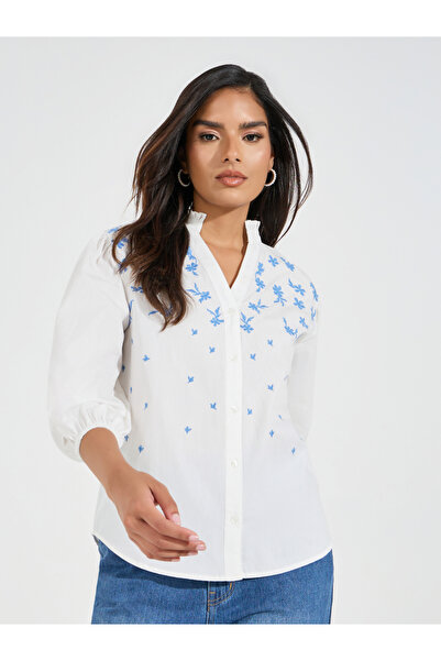 Styli Chambray Embroidered Buttoned Blouse with Balloon Sleeve