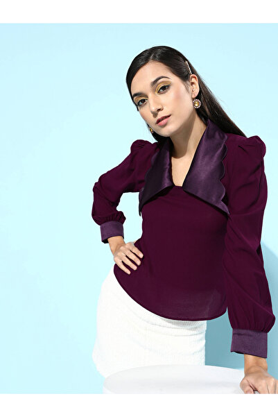 Mish By Styli Satin Collar Scallop Edge Top with Puff Sleeves