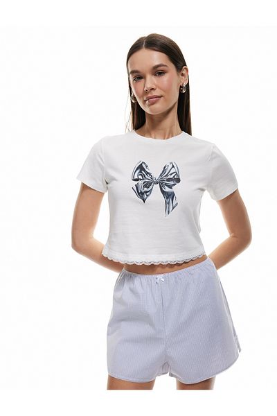 Koton Top de pijama crop cu mâneci scurte, cu decolteu, din bumbac, cu fundă