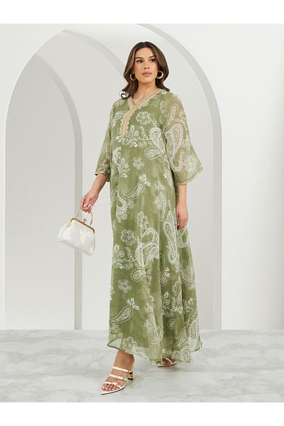 Styli Printed Flared Jalabiya with Lace Detail