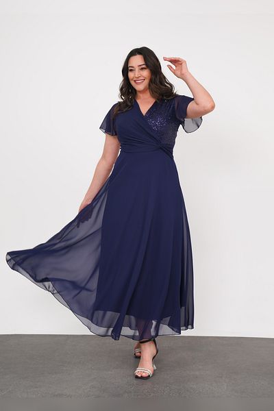EGZ BUTİK Navy Blue Garnished Maxi Dress