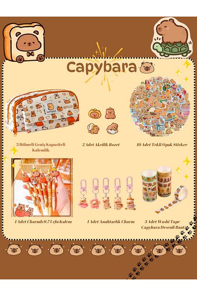 Kawai Capybara Capybara Pen Holder Sticker Brooch Charm Washi Tape Tip Pen Stationery Set