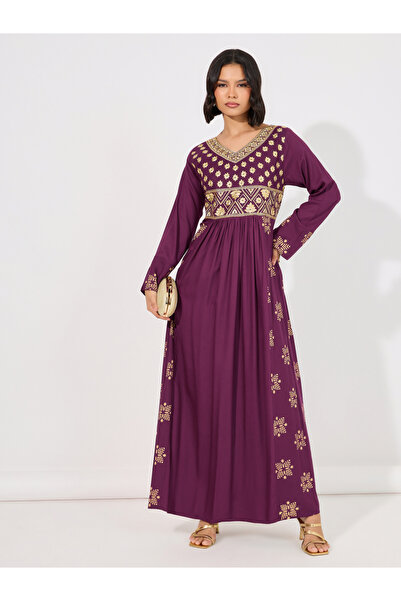 Styli Printed Panel Embroidered Jalabiya with Waist Pleated Detail